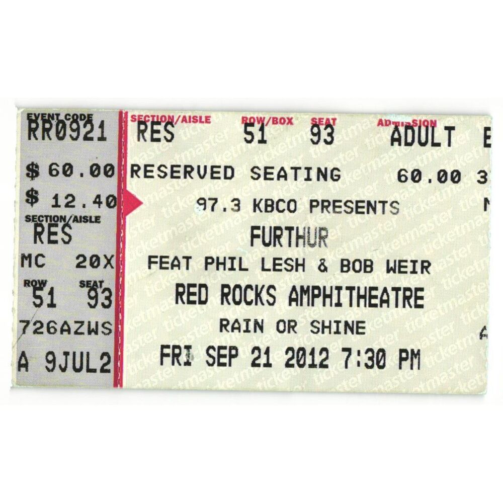 2012 Furthur Full Complete Concert Ticket Stub Morrison CO Grateful Dead
